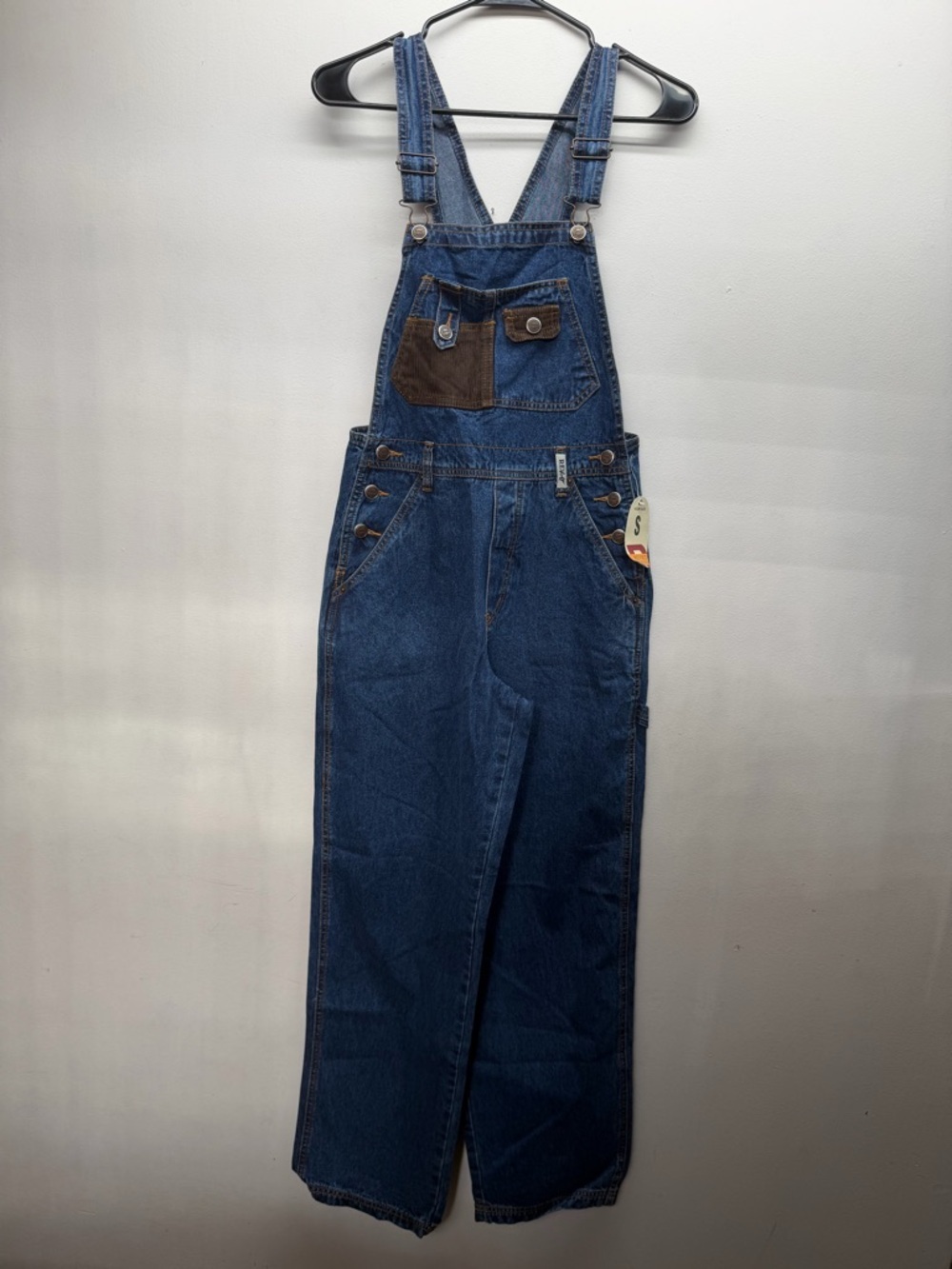 NWT Vintage Blue Denim Overalls with Brown Accent Pocket